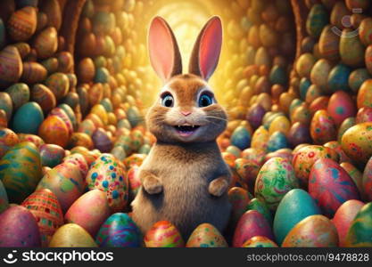 a rabbit sitting in a pile of colored eggs. Generative AI