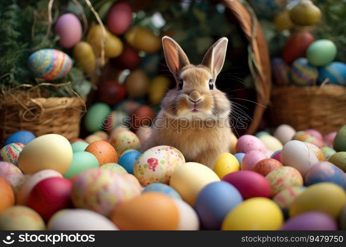 a rabbit sitting in a pile of colored eggs. Generative AI