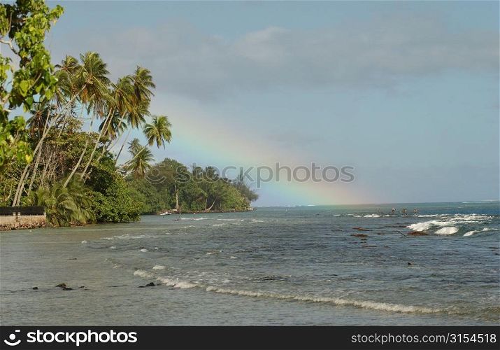 A rainbow seen from the sea shore over the sea, Moorea, Tahiti, French Polynesia, South Pacific