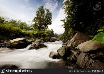 A rapid flowing river with motion blur on the water