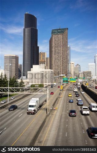 A rare warm clear sunny day over the highway in downtown Seattle, Washington