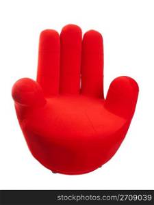 A red chair in the shape of a hand. Shot on white background.