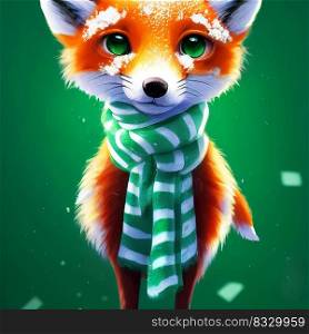 A red fox wearing a cozy, green and white striped scarf, on a snowy day.