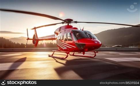 A red helicopter on a helipad with sun rays