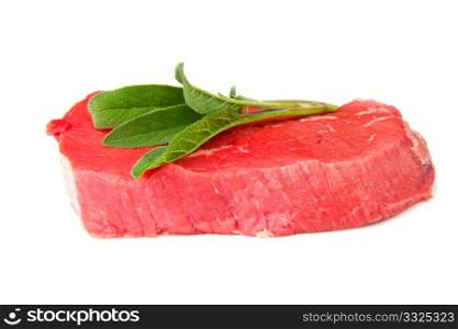 a red meat with sage and rosemary isolated on white background