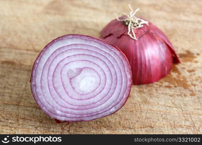 A red onion sliced in half