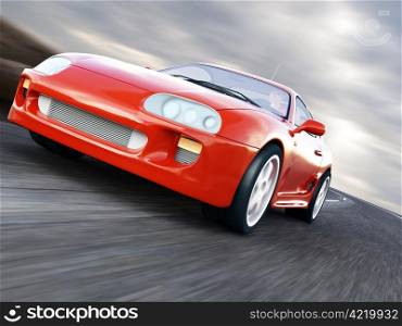 A Red Sports Car Speeding on Blurry Asphalt Road. 3D Render