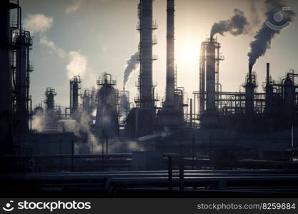 A refinery with smokestacks, with the focus on the smokestacks releasing steam and smoke into the air. Generative AI
