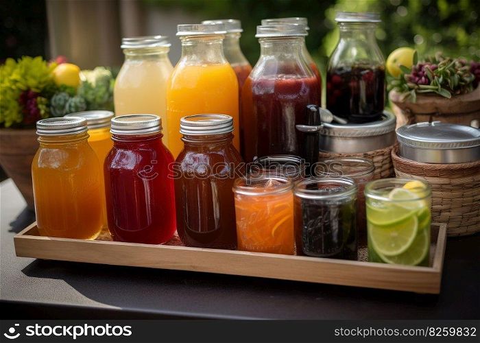 A refreshing, BBQ beverage display, showcasing a selection of ice-cold drinks, such as lemonade, iced tea, craft beers, set against a vibrant, summery backdrop. Generative AI