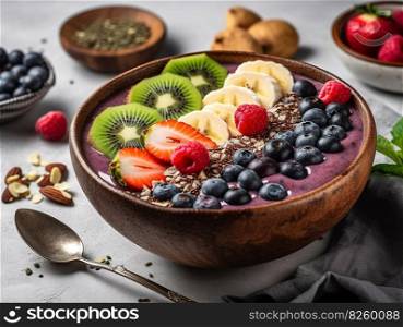 A refreshing, fruit-filled smoothie bowl, brimming with an array of colorful berries, banana slices, and chia seeds.