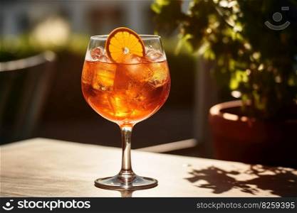 A refreshing, summery Aperol Spritz, served in a wine glass with ice, a splash of soda, and garnished with a slice of orange, set against a sunlit outdoor terrace. Generative AI.