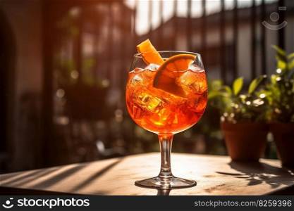 A refreshing, summery Aperol Spritz, served in a wine glass with ice, a splash of soda, and garnished with a slice of orange, set against a sunlit outdoor terrace. Generative AI.