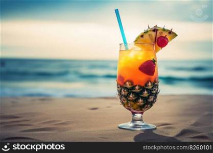A refreshing, tropical cocktail, served in a stylish glass and garnished with a vibrant paper umbrella, fresh fruit, and a colorful straw, set against a sunlit beach backdrop. Generative AI