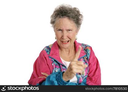 A retired senior woman in a track suit shaking her finger angrily. Isolated on white.