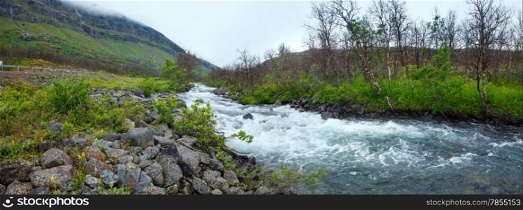 A river in Norway. Summer cloudy panorama.