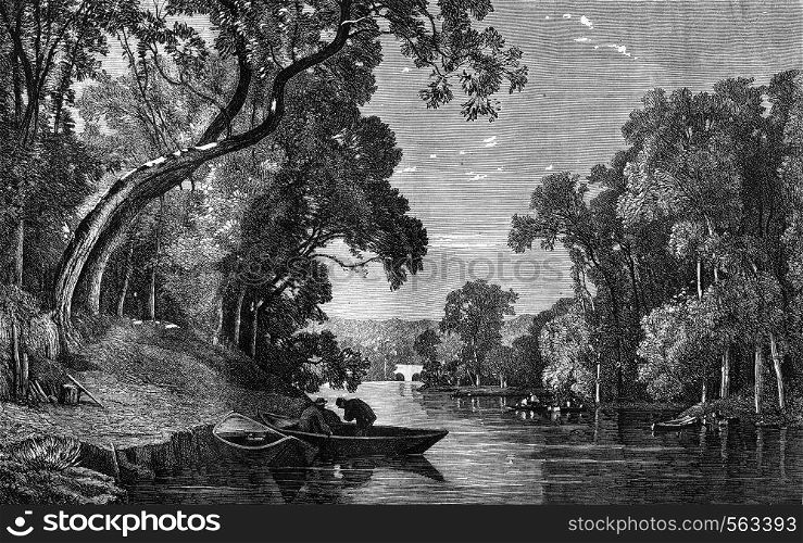 A River, vintage engraved illustration. Magasin Pittoresque 1869.