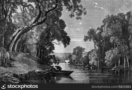 A River, vintage engraved illustration. Magasin Pittoresque 1869.