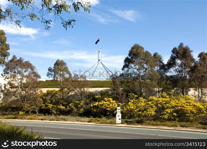 A road in front of Parliament House, Canberra, Australia