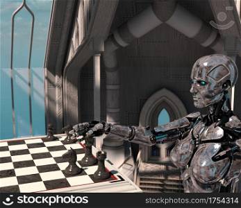 A robot is playing chess. High technology 3d illustration - 3d rendering. A robot is playing chess. High technology 3d illustration.