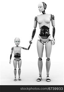 A robot woman holding hand with her robot child. White background.. Robot woman with her child.