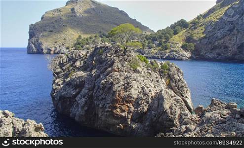 A rock overgrown with green trees in a blue bay in the west of the Spanish Balearic island of Majorca