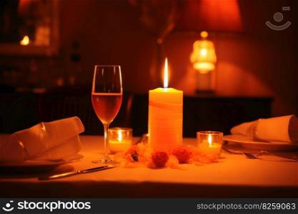 A romantic dinner table for two with candlelight created with generative AI technology