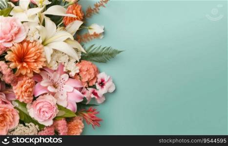 A romantic flowers bouquet on a green background with empty copy space. Mother’s Day concept. Side view. Created with generative AI tools. A romantic flowers bouquet on a green background. Mother’s Day concept. Created by generative AI