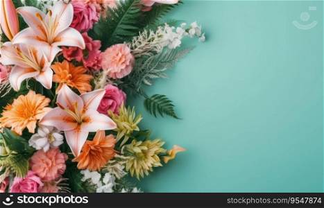 A romantic flowers bouquet on a green background with empty copy space. Mother&rsquo;s Day concept. Side view. Created with generative AI tools. A romantic flowers bouquet on a green background. Mother&rsquo;s Day concept. Created by generative AI