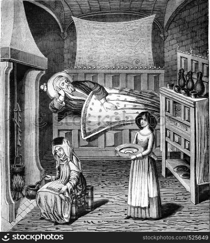 A room in the fifteenth century, vintage engraved illustration. Magasin Pittoresque 1846.