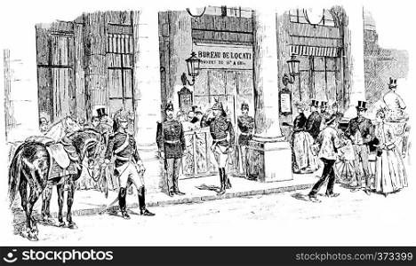 A round of the Republican Guard in French theater, vintage engraved illustration. Paris - Auguste VITU ? 1890.