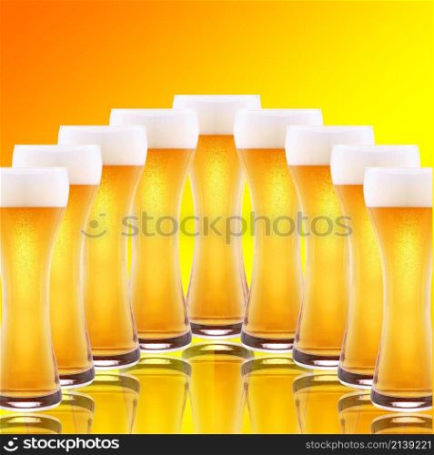A row of beer pints. row of beer pints