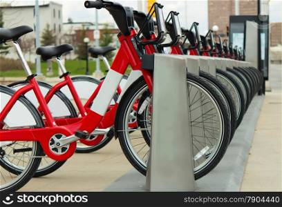 A row of bicycles from the Bixi bike rental program in Ottawa, Canada.