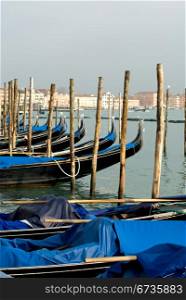 A row of gondolas near St Mark&rsquo;s Square, Venice, Italy