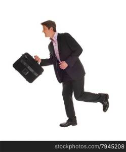 A running businessman in a dark suit and a briefcase in his hand,isolated for white background.