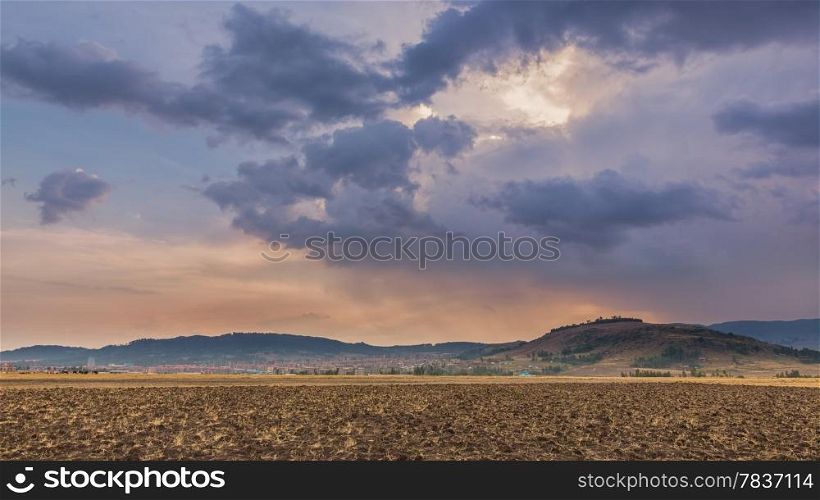 A rural landscape with stormy clouds near the town of Legetafo just outside Addis