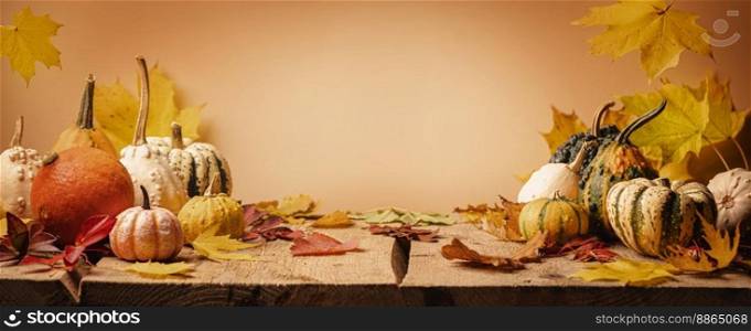 A rustic autumn still life with pumpkins and golden leaves on a wooden surface. Concept of Thanksgiving day or Halloween with copy space. A rustic autumn still life