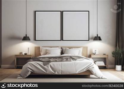 A rustic bedroom with a mockup poster frame hanging above a wooden bed. The soft lighting and green plant create a serene atmosphere. This mockup is AI generative.