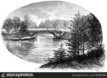 A rustic bridge over the Great Lake Bois de Boulogne, vintage engraved illustration. Paris - Auguste VITU ? 1890.