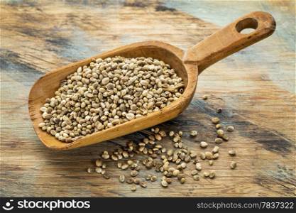 a rustic scoop of hemp seeds against a grunge painted wood background
