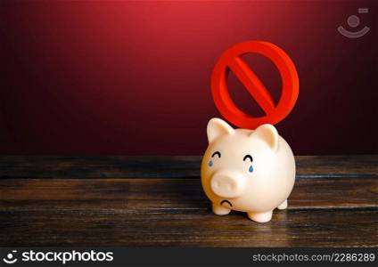 A sad piggy bank bears a prohibitory NO sign on its back. Confiscation of savings and bank deposits. Freeze and restrictions. Sanctions, financial embargo. Suspicious transactions. Capital tax.