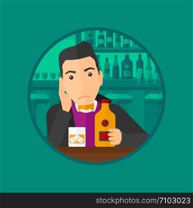 A sad young man with alcohol drinks sitting in bar. Man drinking alcohol alone. Man holding bottle of alcohol at the bar. Vector flat design illustration in the circle isolated on background.. Sad man drinking alcohol.
