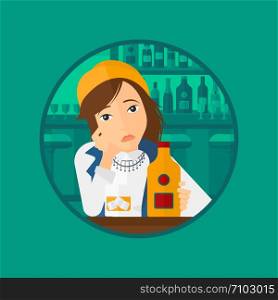 A sad young woman with alcohol drinks sitting in bar. Woman drinking alcohol alone. Vector flat design illustration in the circle isolated on background.. Sad woman drinking alcohol.
