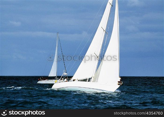 A sailboat participates in the Heiniken Regatta on the Dutch side of the island of St. Maarten in the Caribbean.
