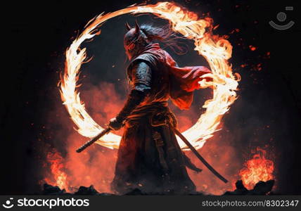 A samurai in a demonic red mask on the battlefield makes a swing with a katana creating a sizzling fire ring around, he is a mystical martial artist. generative ai