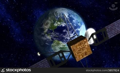 A satellite floats into view, hovering over earth. Earth maps and 3d model courtesy of NASA, http://www.nasa.gov/multimedia/index.html