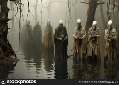 A scene with multiple human figures strewn about a swamp, created by AI