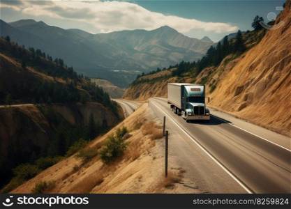 A scenic view of a truck driving through mountains  The image show a transport truck driving through a winding road in the mountains. Generative AI