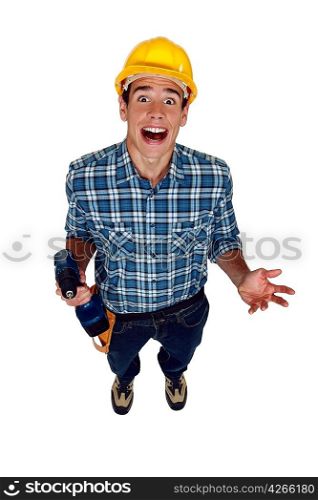 A screaming tradesman holding a power tool