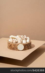 A scrumptious desert plate featuring a meringue desert, served on a cardboard plate and topped with cream. A desert of meringue on a cardboard plate with cream