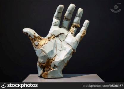 A sculpture of a broken human hand created with generative AI technology